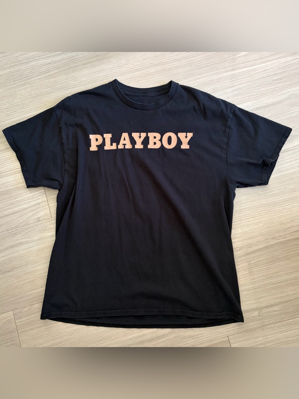 PLAYBOY Black T-Shirt with classic Playboy light brown font Size L